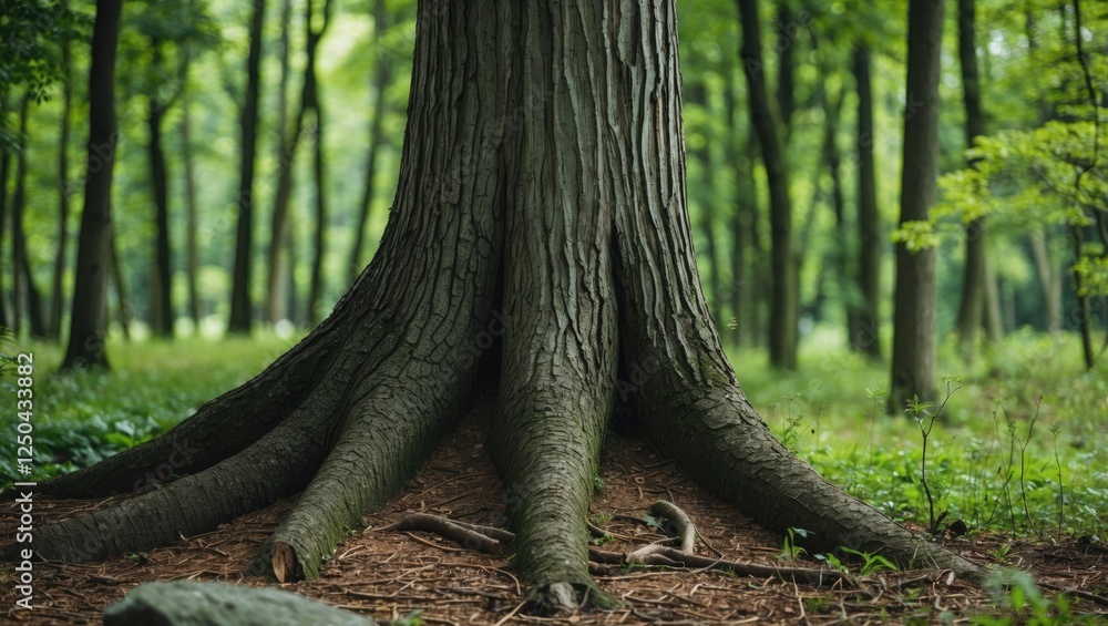 Poster majestic tree trunk in lush green forest with intricate bark textures and ample space for text or br
