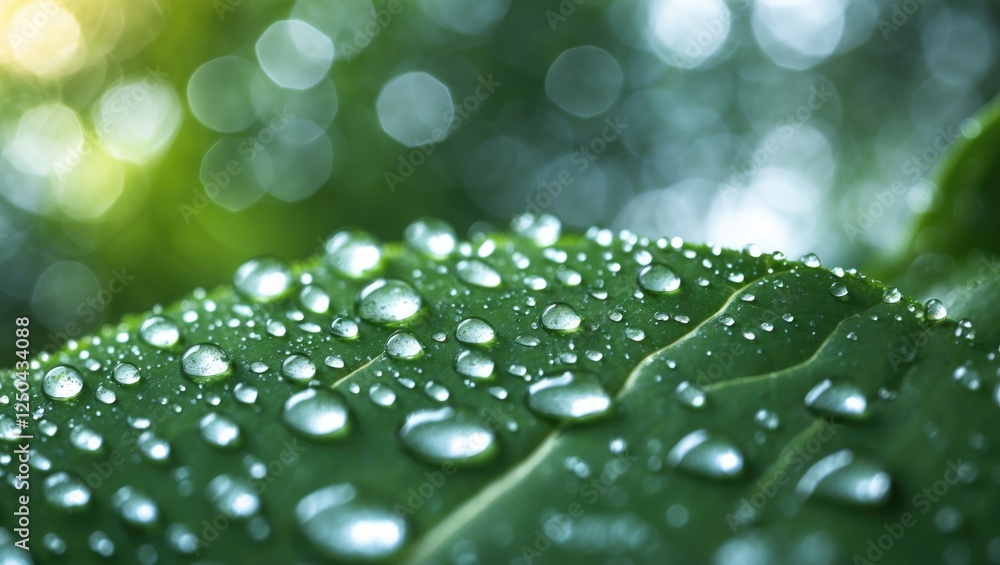 Poster close-up of vibrant green leaf covered in water droplets with a blurred bokeh background emphasizing