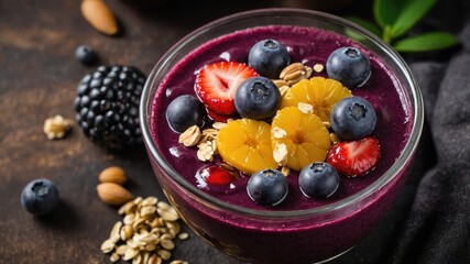 Bowl of acai smoothie topped with fresh fruits, granola, and nuts showcasing healthy breakfast or snack options rich in antioxidants.