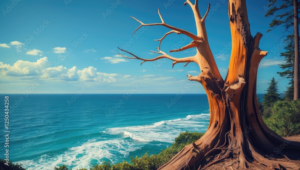Poster unique dead tree trunk against a serene ocean backdrop under a clear blue sky with ample space for t