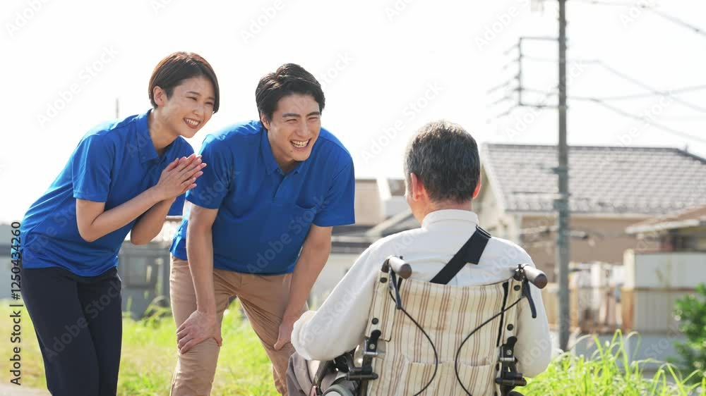 Poster 介護、シニア、散歩、車椅子、車いす、介護士、デイサービス、ヘルパー、高齢者、お年寄り、サポート、支援、外出、屋外、レク、男性、女性、日本人、新緑、自然、公園、住宅街、笑顔、ポジティブ、応援、会話、励ます、青空、コピースペース、ボランティア、フレイル、サルコペニア、健康、ヘルスケア、障害、障がい者、老人ホーム、ウェルネス、福祉、デイケア、施設、介護福祉士、資格、談笑、リハビリ、ホームヘルパー、ライフ