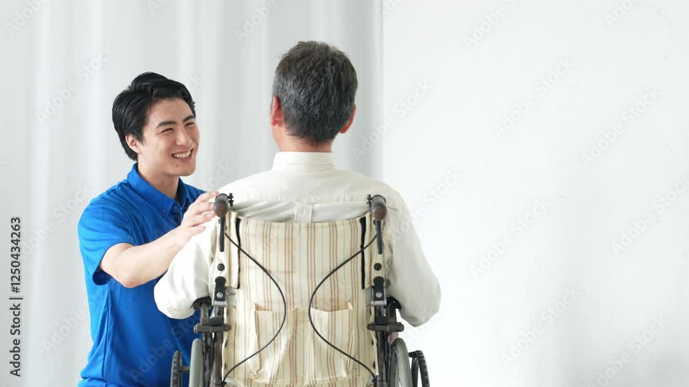 Poster 介護、車いす、男性、シニア、老人、患者、車椅子、障害、介護士、サポート、支援、スタッフ、デイサービス、ヘルパー、ホームヘルパー、日本人、高齢者、お年寄り、リハビリ、真心、笑顔、介助、優しさ、訪問、障がい者、老人ホーム、介護施設、仕事、アルバイト、介護福祉士、ウェルネス、理学療法士、病院、治療、診療、安心、サービス、コピースペース、医療、マッサージ、リハビリテーション、福祉、ヘルスケア、職員、見守り