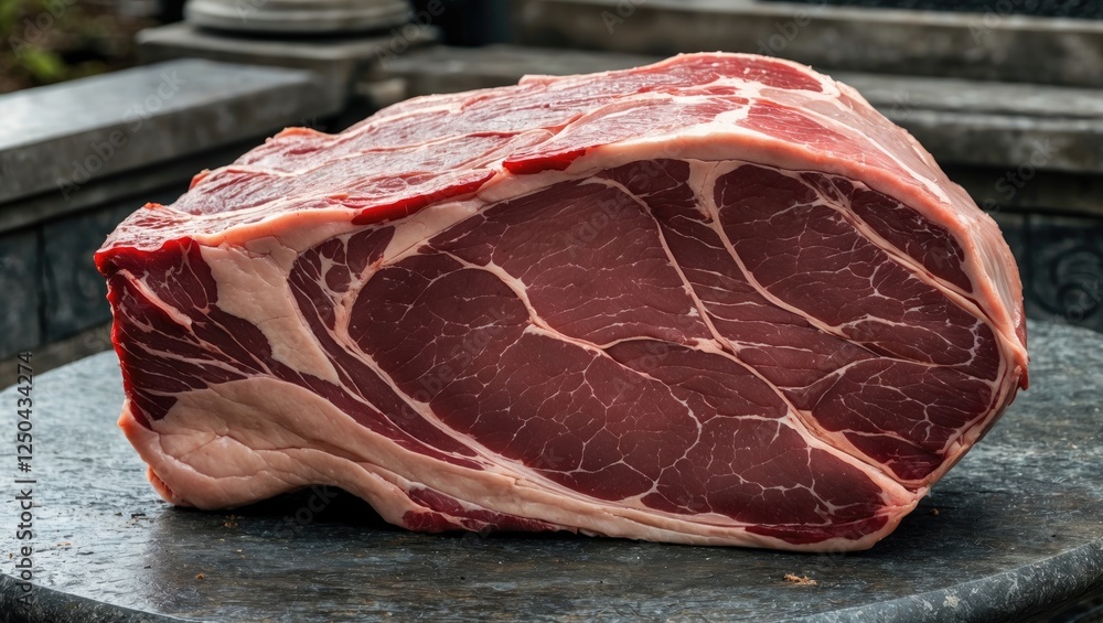 Poster a robust cut of raw meat displayed on a rustic stone surface ideal for culinary or butchery related 