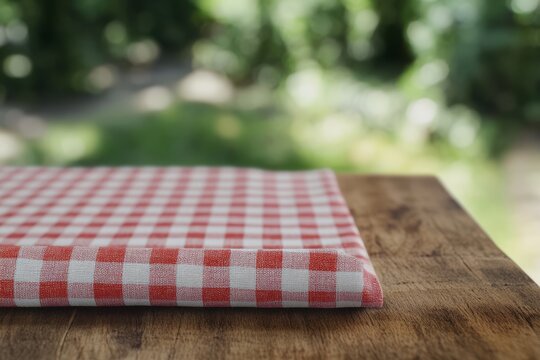 Red checkered tablecloth on wooden table, garden background