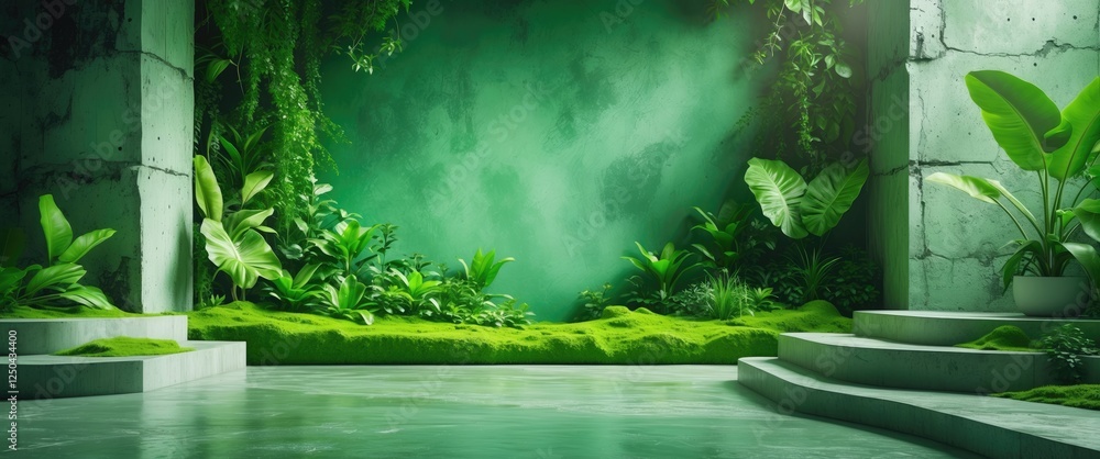 Poster lush green backdrop with vibrant foliage and concrete elements creating a serene and modern ambiance