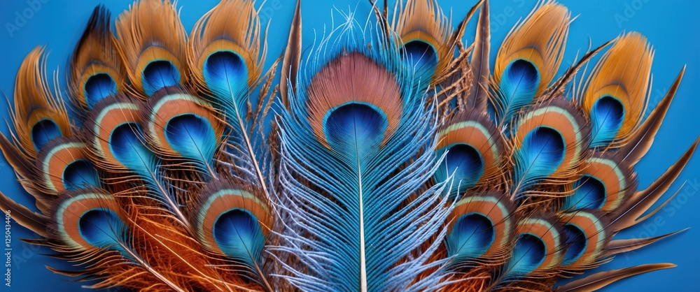 Poster vibrant display of colorful peacock feathers against a striking cyan background showcasing intricate