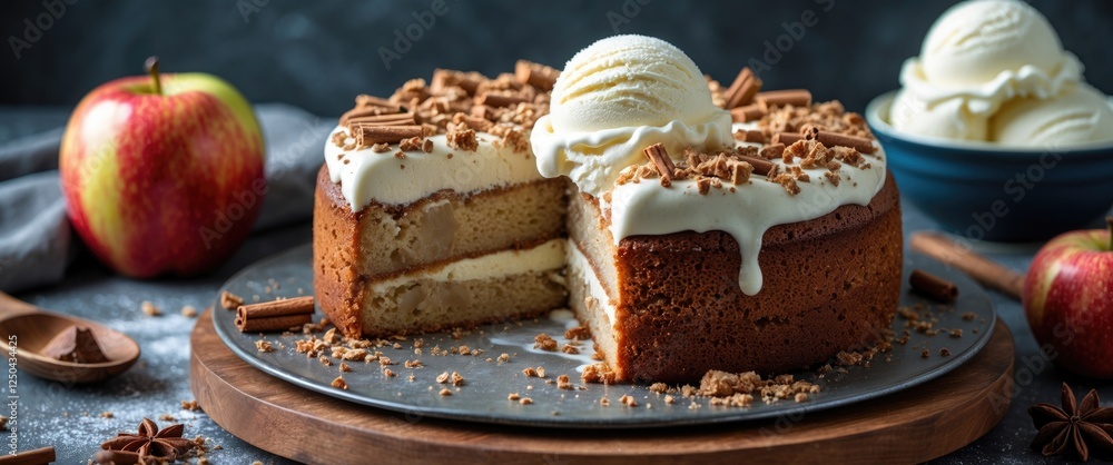 Poster delicious apple cake topped with ice cream and crushed toppings on a rustic plate with fresh apples 