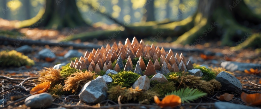Poster natural stone formation with sharp peaks surrounded by moss and leaves in a serene forest setting du