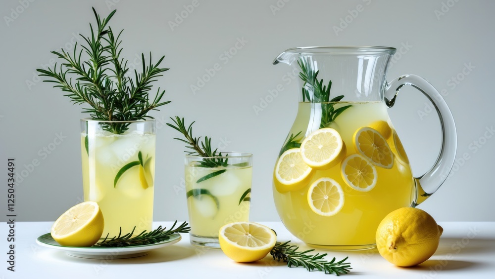 Poster refreshing lemonade pitcher and glasses garnished with rosemary and lemon slices on white background
