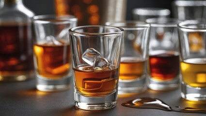 Assorted Alcoholic Shots in Clear Glasses with Golden and Amber Liquor Against a Dark Background