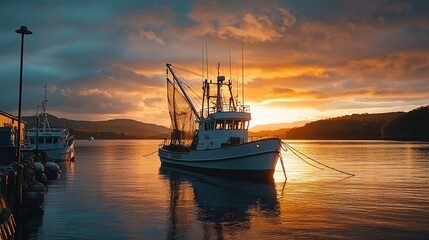 Fototapeta premium Fishing boat at sunset, harbor, calm waters, coastal scene, travel/tourism