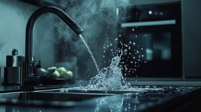 Water flows from the tap to the sink with emphasis on cleanliness and hygiene
