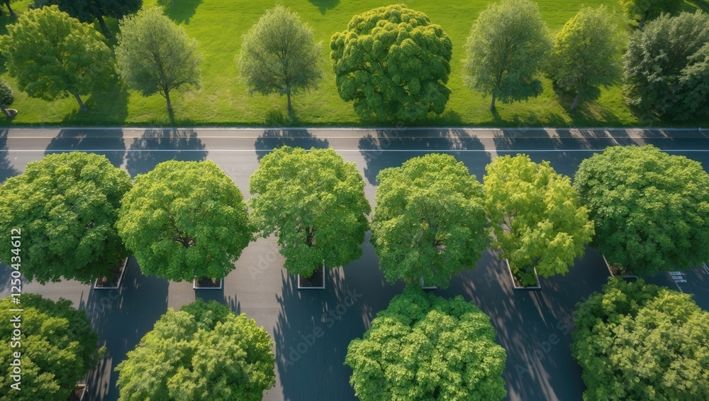Poster aerial view of lush green tree canopy on sunny day with clear pathway and space for text overlay