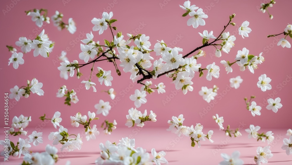 Aufkleber Spring Cherry Blossom Flowers in Air Against Soft Pink Background with Empty Space for Text High-Resolution Levitation Concept Image