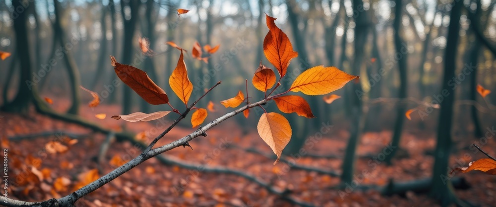 Poster a branch adorned with vibrant dried leaves in a serene spring forest setting capturing the essence o