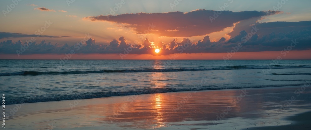 Poster serene sunset over ocean with clouds and reflection on beach ideal for text placement and relaxing v