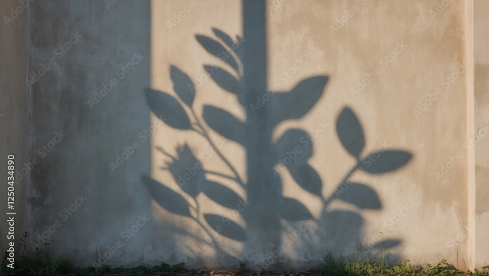 Poster monstera shadow cast on wall with empty space for text and aesthetic greenery elements in natural li