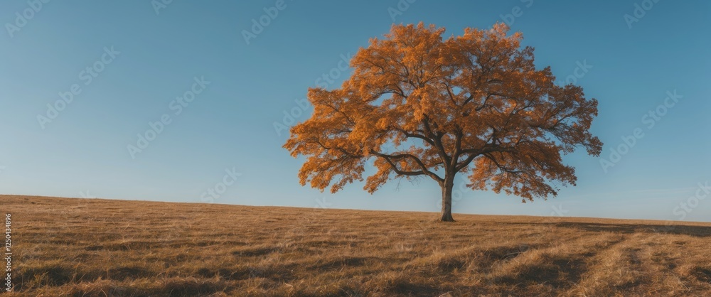 Poster solitary autumn tree in golden field against clear sky with space for text representation