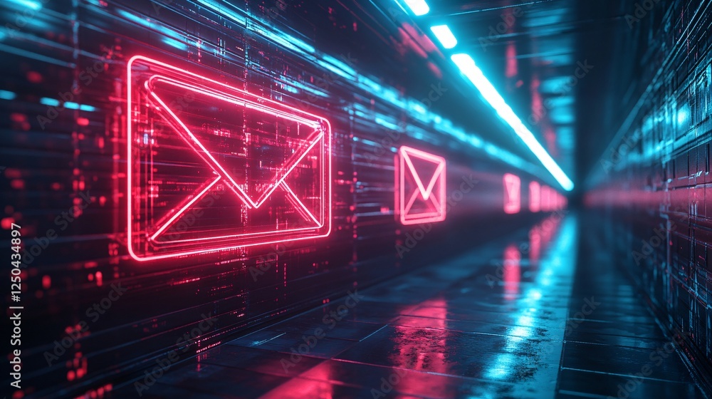 Poster a futuristic corridor illuminated by glowing neon envelope icons, symbolizing digital communication 