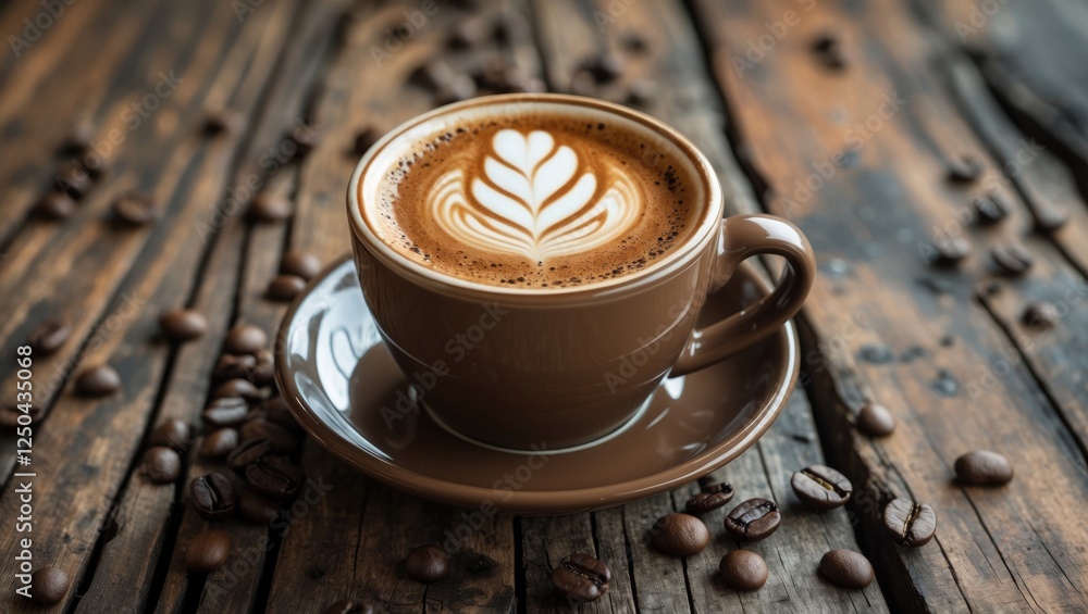 Poster coffee cup with latte art on rustic wooden table surrounded by coffee beans and ample copy space for