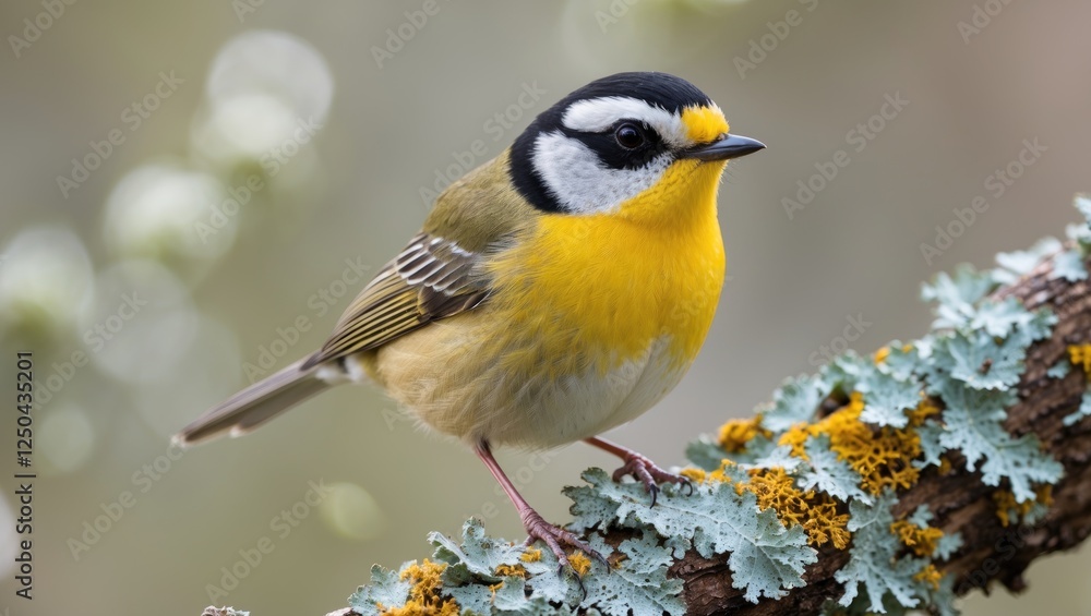 Poster vibrant close-up of a great tit resting on a lichen-covered branch with a soft blurred background sh