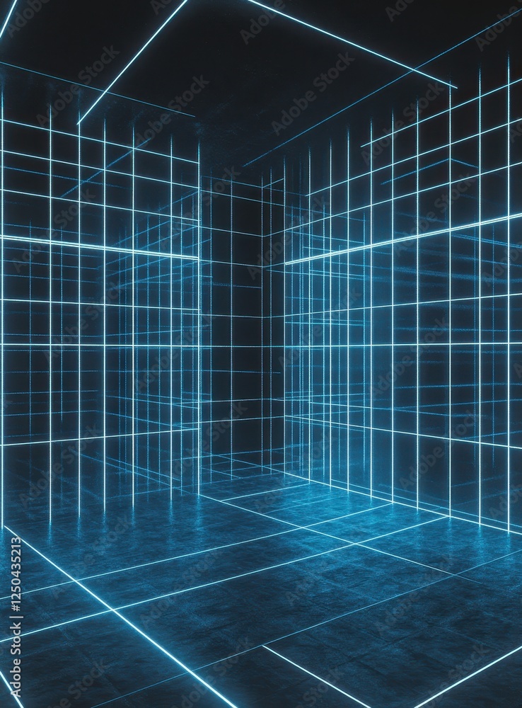 Poster abstract glowing grid lines forming a futuristic room.
