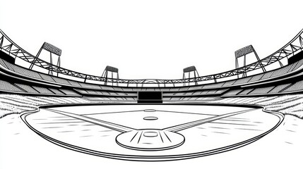 Baseball Stadium Illustration - Black and white illustration of an empty baseball stadium, viewed from a low angle, showing the entire field and stands.