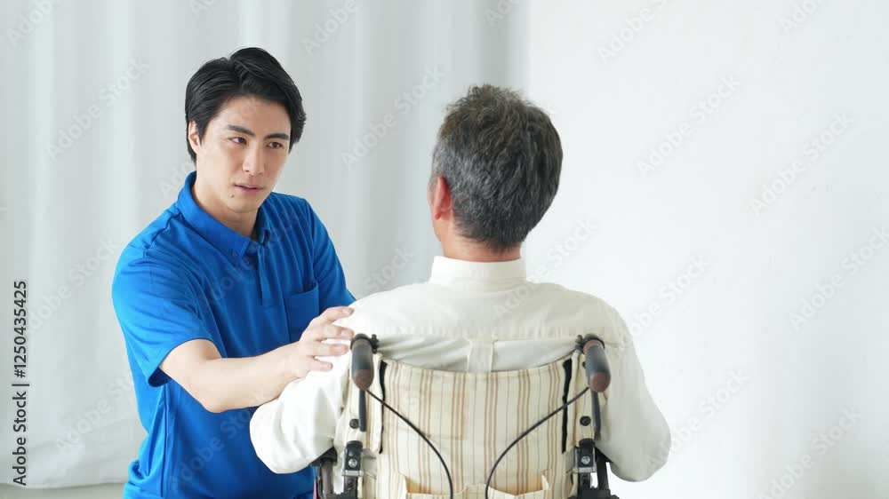 Fototapete 介護、車いす、男性、シニア、老人、患者、車椅子、障害、介護士、サポート、支援、スタッフ、デイサービス、ヘルパー、ホームヘルパー、日本人、高齢者、お年寄り、リハビリ、真心、笑顔、介助、優しさ、訪問、障がい者、老人ホーム、介護施設、仕事、アルバイト、介護福祉士、ウェルネス、理学療法士、病院、治療、診療、安心、サービス、コピースペース、医療、マッサージ、リハビリテーション、福祉、ヘルスケア、職員、見守り