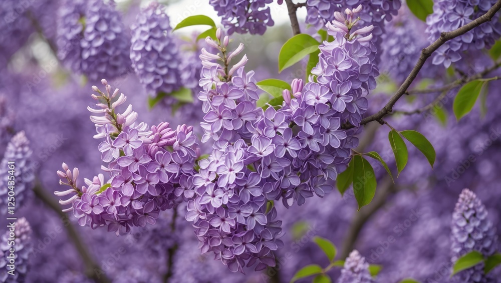 Poster lilac blossoms in full bloom with green leaves and soft focus background creating a serene atmospher