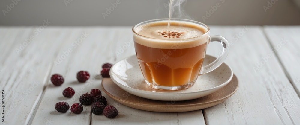 Poster steaming cup of tea or coffee on a rustic table with fresh berries creating a warm and inviting atmo