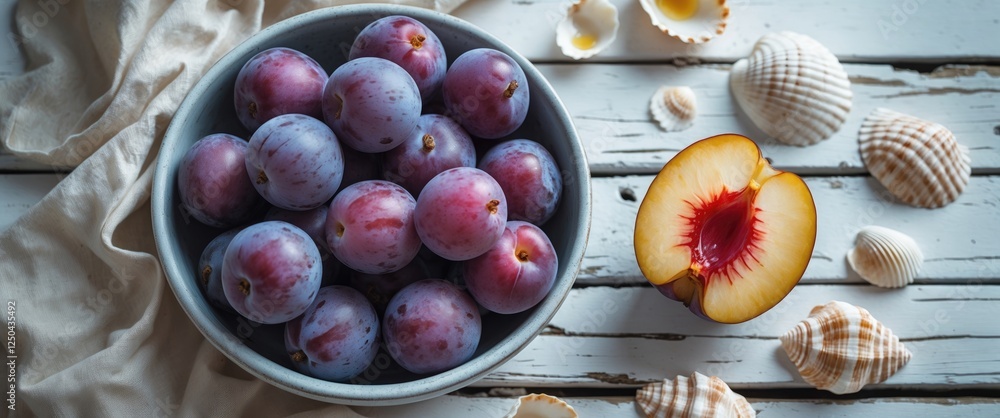 Poster bowl of fresh plums with a sliced plum and seashells on a rustic wooden table creating a serene and 