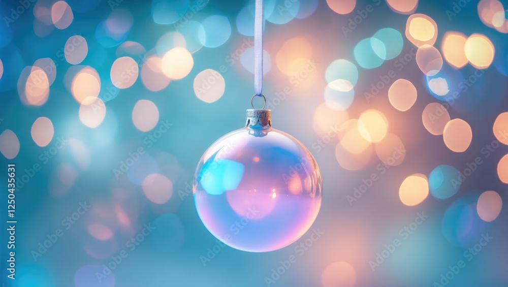 Poster abstract blurred background with blue and warm bokeh lights and a shiny ornament for festive holiday
