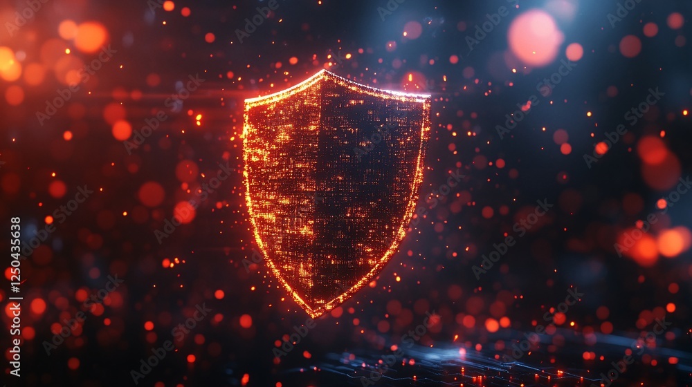 Poster a glowing digital shield appears amidst vibrant particles, symbolizing protection and cybersecurity 