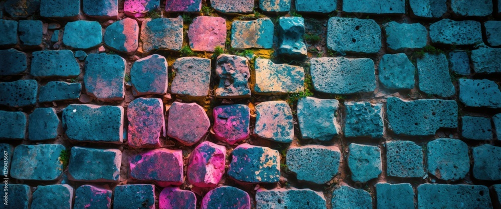 Poster colorful abstract cobblestone pavement texture with vibrant hues and unique stone patterns viewed fr