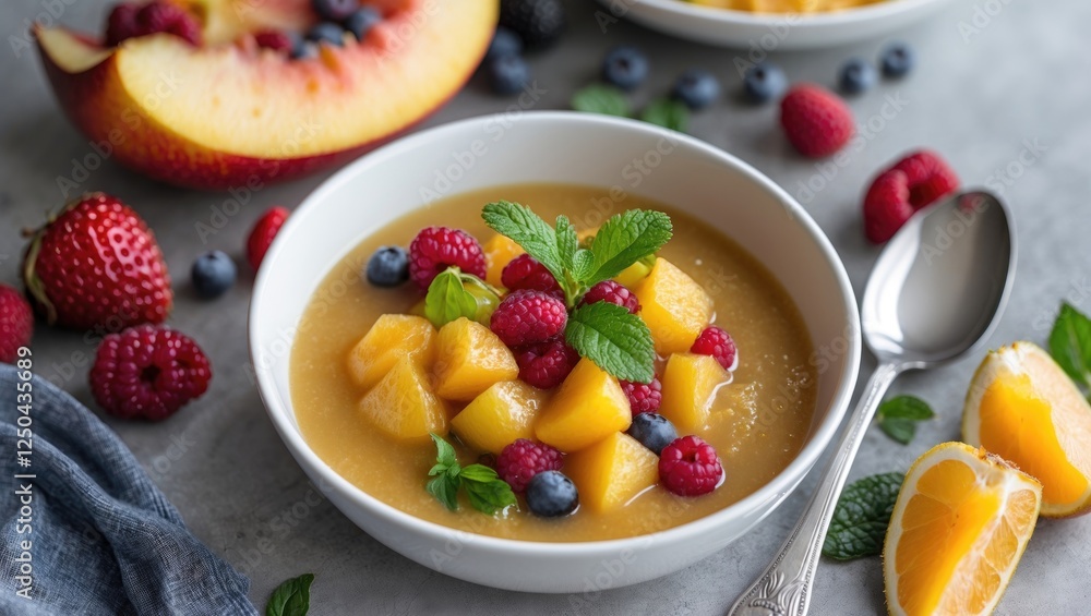 Poster fresh fruit soup in a white bowl garnished with berries and mint on a textured surface with a spoon 