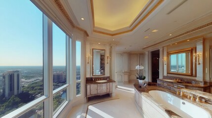 Luxurious Penthouse Bathroom with Stunning City View and Marble Accents