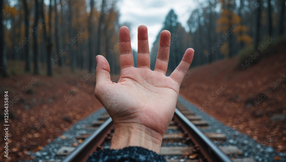 Poster open hand gesture on a tranquil forest railway path surrounded by autumn foliage and trees. emphasiz