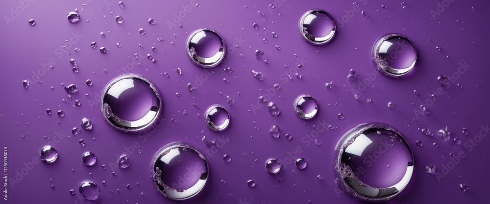 Poster shiny metallic droplets and bubbles on a vibrant purple background creating an abstract and modern v