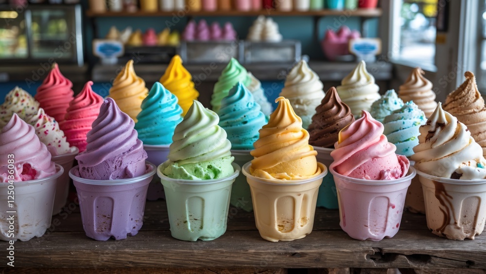 Poster colorful array of ice cream in plastic tubs displayed on rustic wooden table ideal for summertime tr