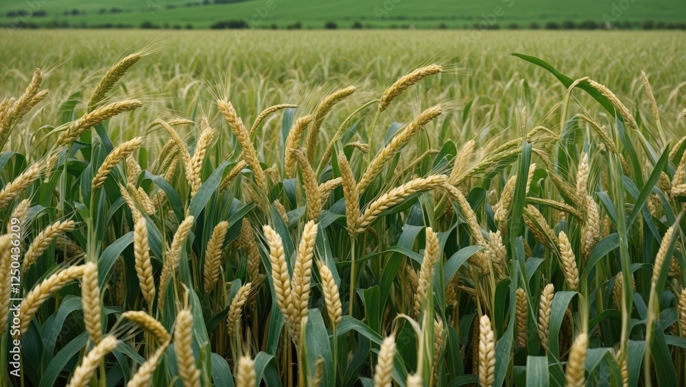Poster golden wheat field under clear sky with abundant greenery and space for text overlay