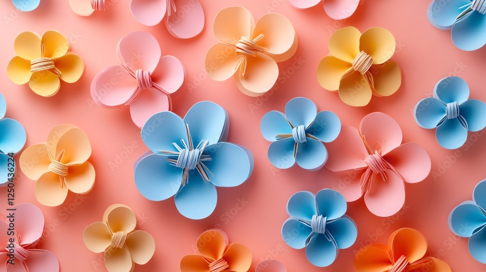 Poster a vibrant array of colorful paper flowers arranged on a soft pink background, showcasing creativity 