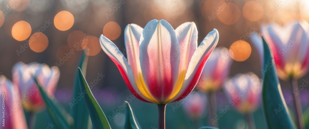 Aufkleber close-up of a vibrant tulip petal showcasing a delicate texture and color gradient against a soft, w