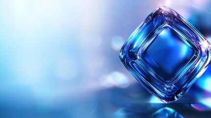 Blue crystal cube, bokeh background, product display, advertising
