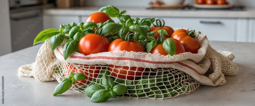 Poster vibrant tomatoes and fresh basil in a reusable net bag on a light countertop showcasing farm-to-tabl