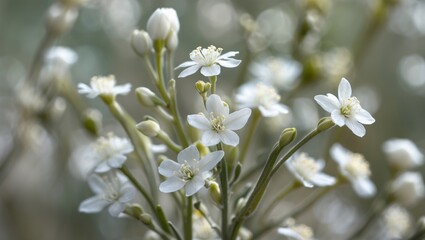 Fototapeta premium Delicate close-up of small white flowers with soft bokeh background ideal for text overlay or floral design themes.