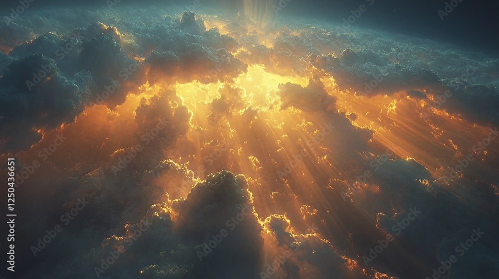 Poster a breathtaking view of sun rays piercing through vibrant clouds, creating a stunning celestial displ