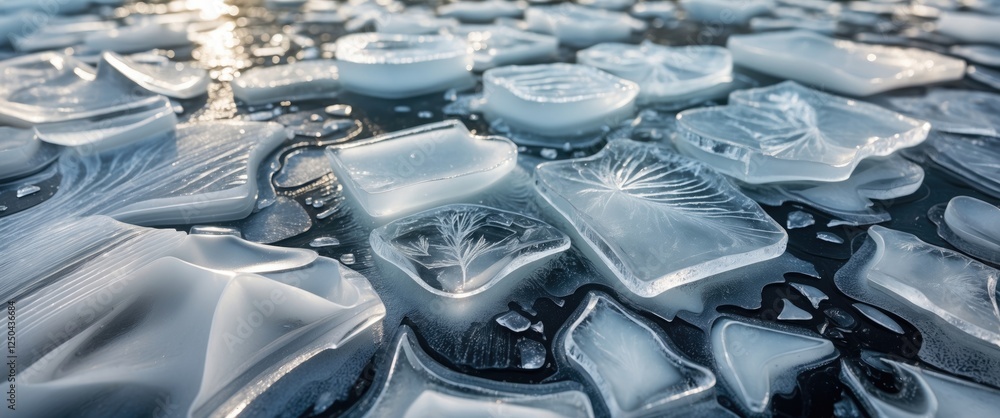 Poster intricate close-up of a frozen surface revealing unique ice patterns with clear and opaque sections 
