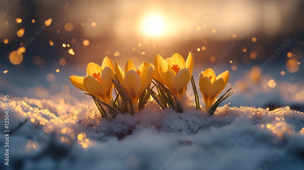 Aufkleber a cluster of yellow crocus flowers emerges from the snow, illuminated by the warm glow of the settin