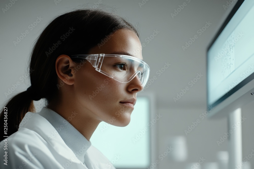 Poster young scientist in laboratory focusing on computer screen while analyzing data in research environme