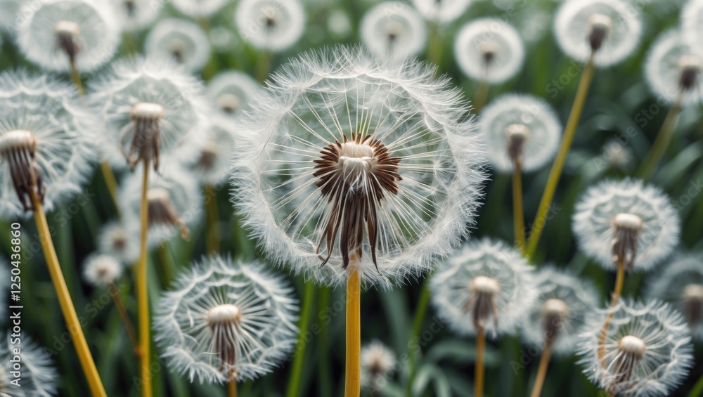 Poster dandelion flower field with abstract patterns showcasing delicate seed heads and vibrant greenery in